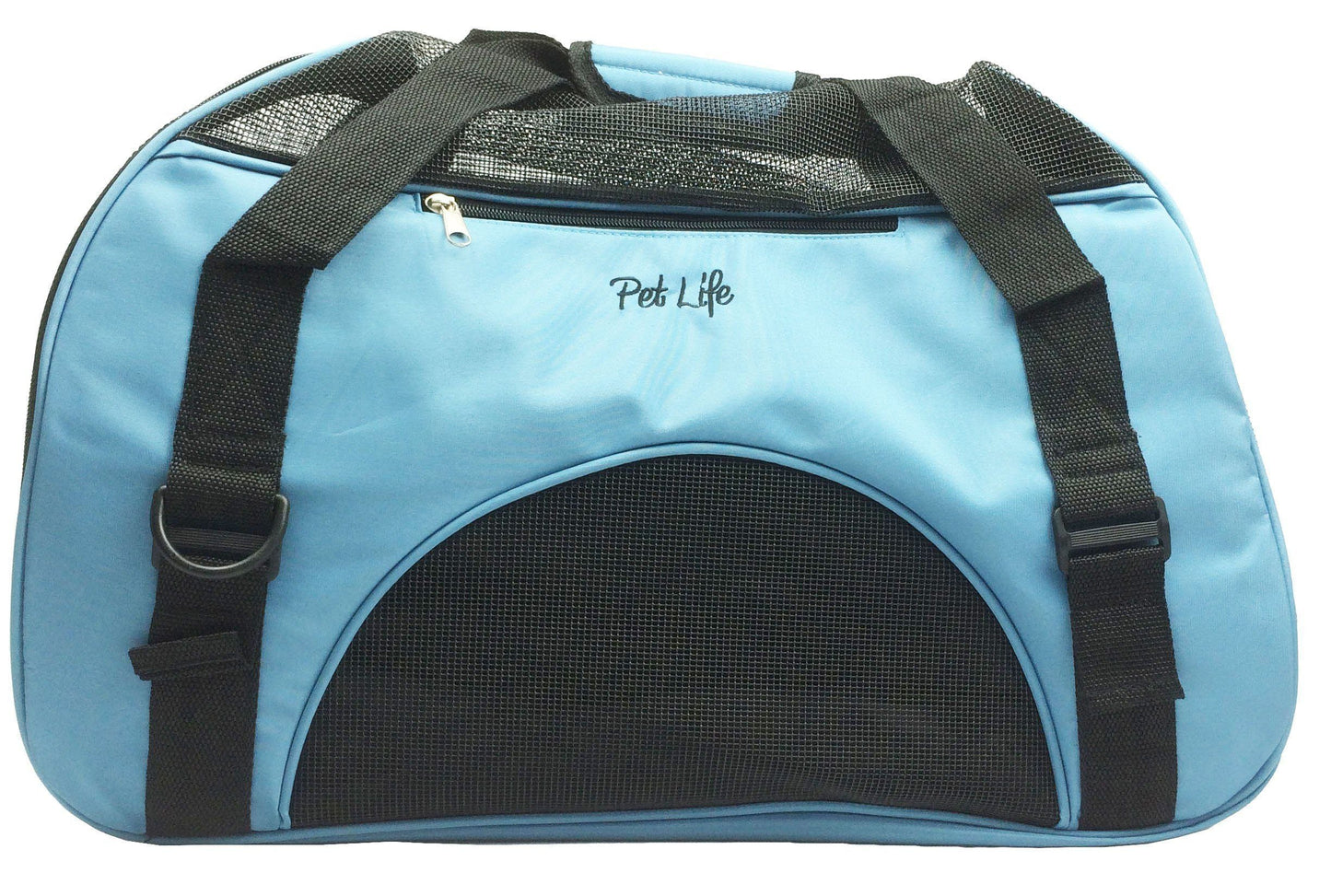 Blue pet carrier with black straps and mesh on a white background