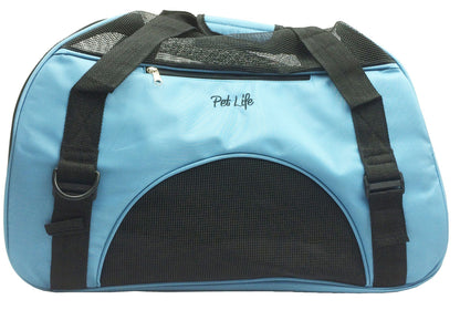 Blue pet carrier with black straps and mesh on a white background