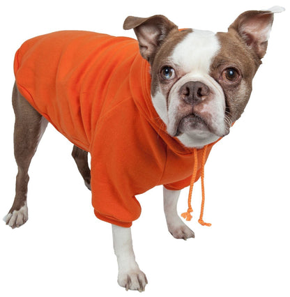 Dog wearing an orange hoodie on a white background