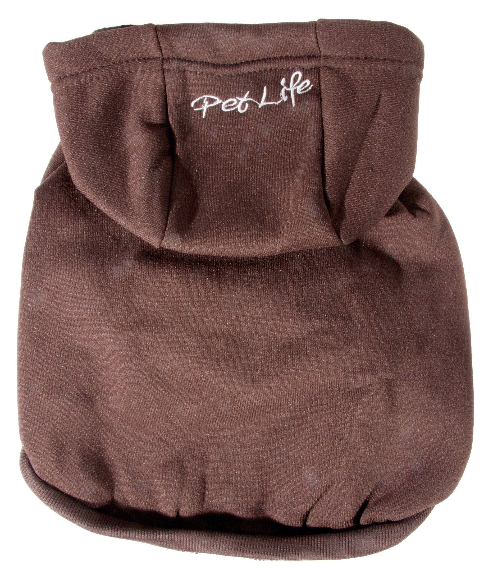 Brown pet coat with 'Pet Life' logo on a white background