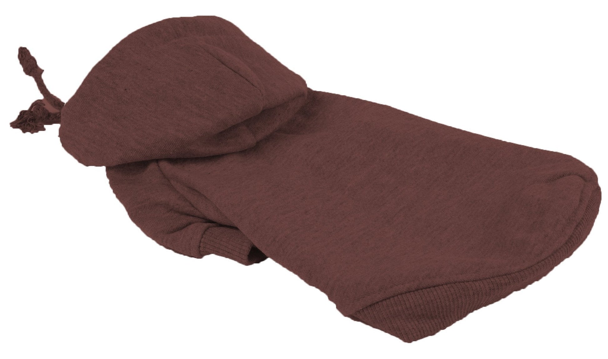 Brown knitted dog sweater with hood on a white background