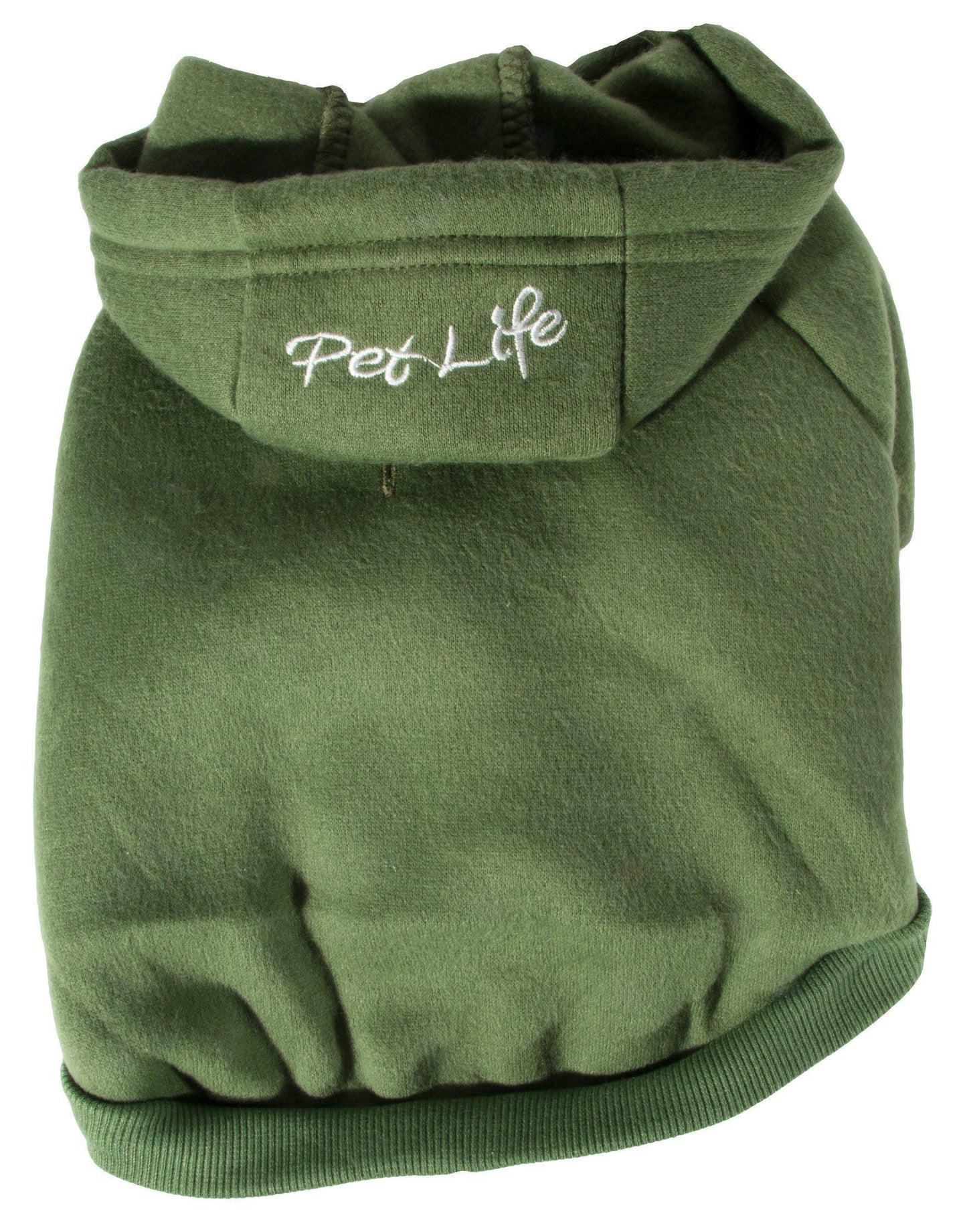 Green pet hoodie with 'Pet Life' logo on a white background