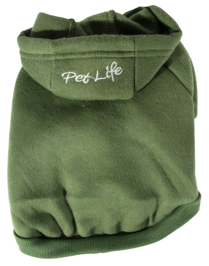 Green pet hoodie with 'Pet Life' logo on a white background