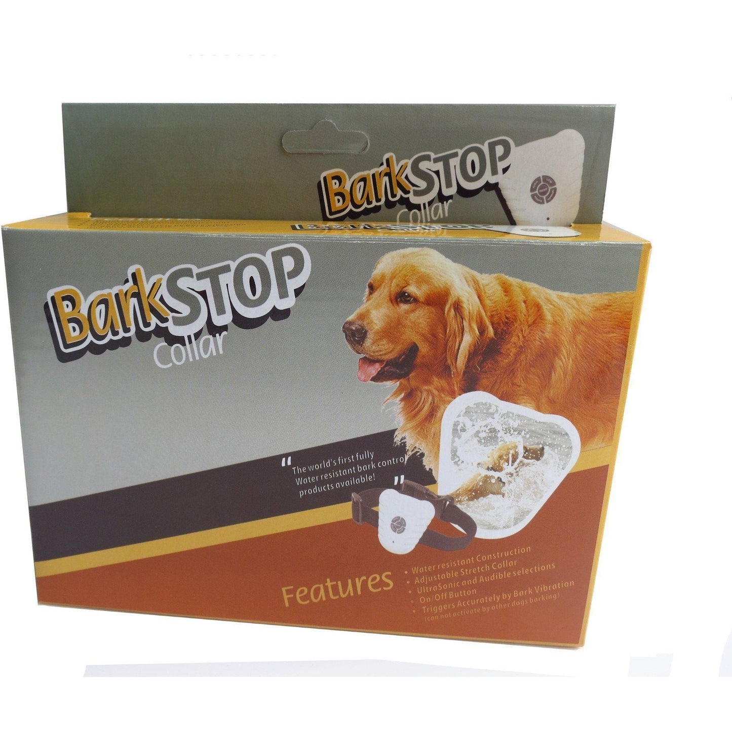 BarkStop collar packaging with a dog on a white background