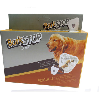 BarkStop collar packaging with a dog on a white background