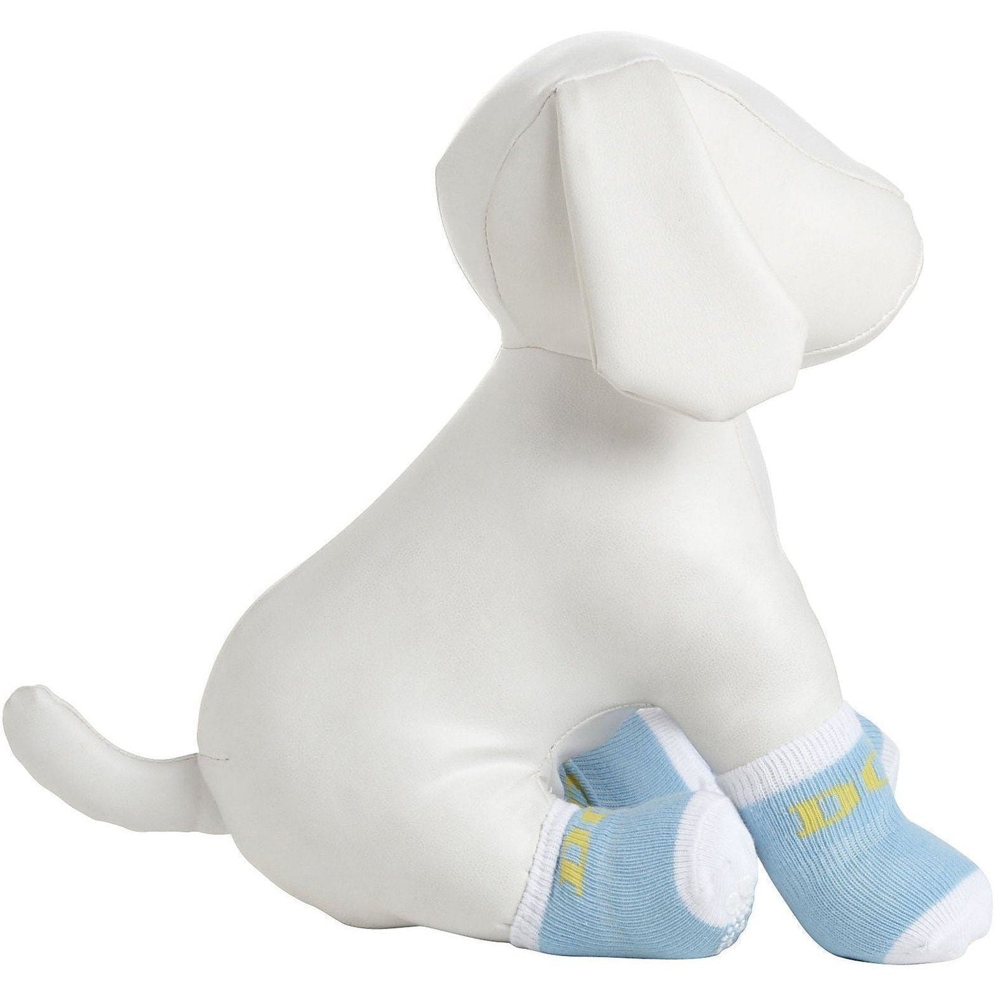 White dog toy with blue socks on a white background