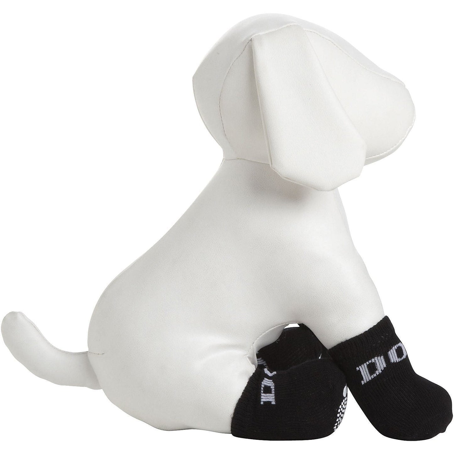 White dog toy with black socks on a white background