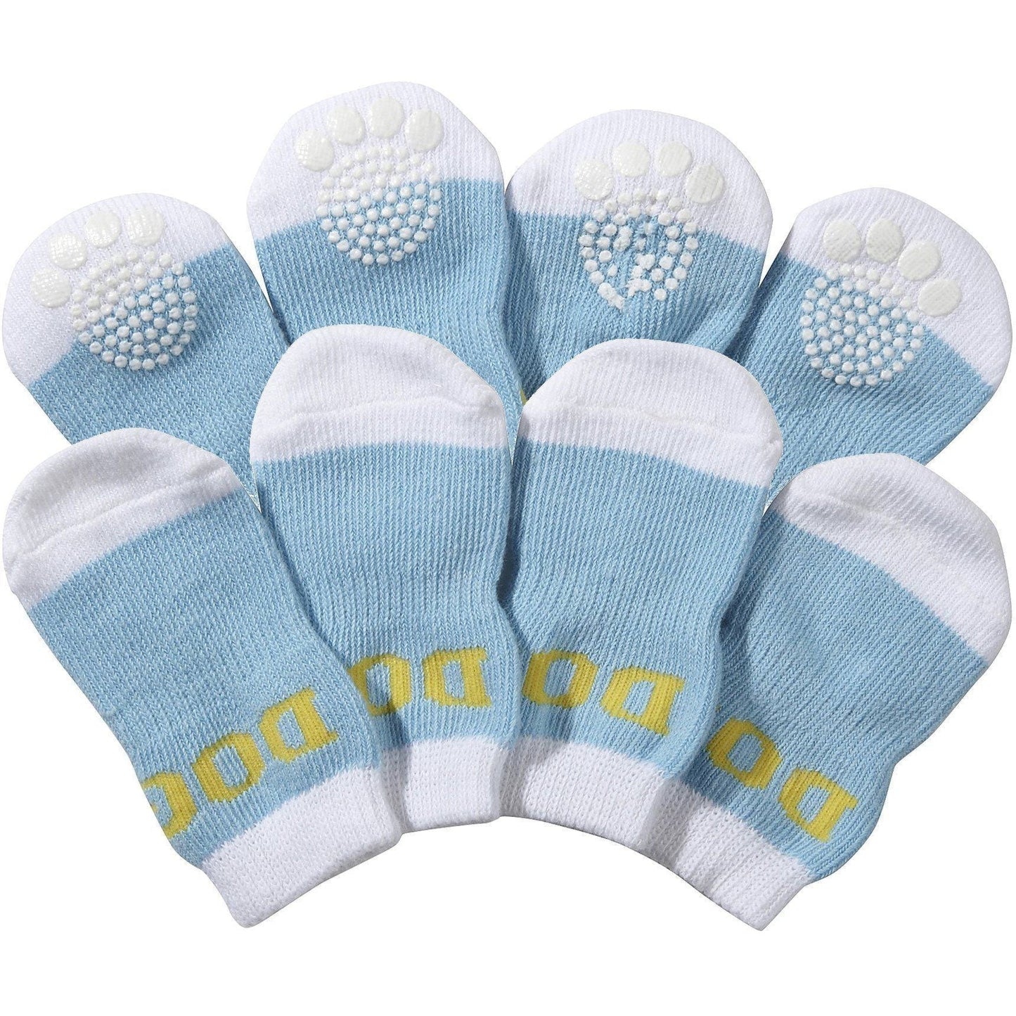 Set of baby socks with blue and white design on a white background