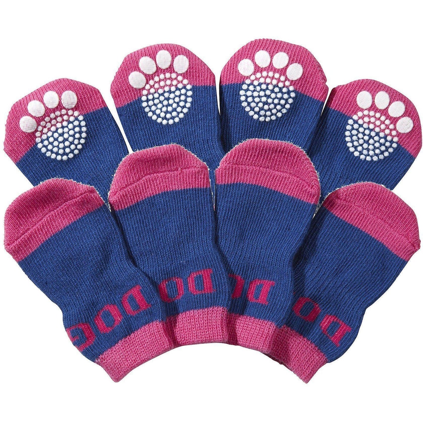 Set of blue and pink dog socks with paw pattern on a white background