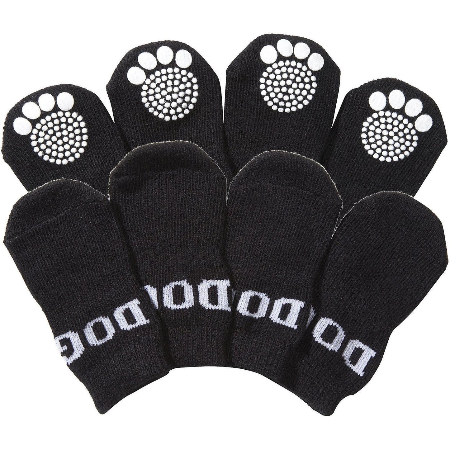 Set of black dog socks with paw pattern and 'DOGO' branding on a white background