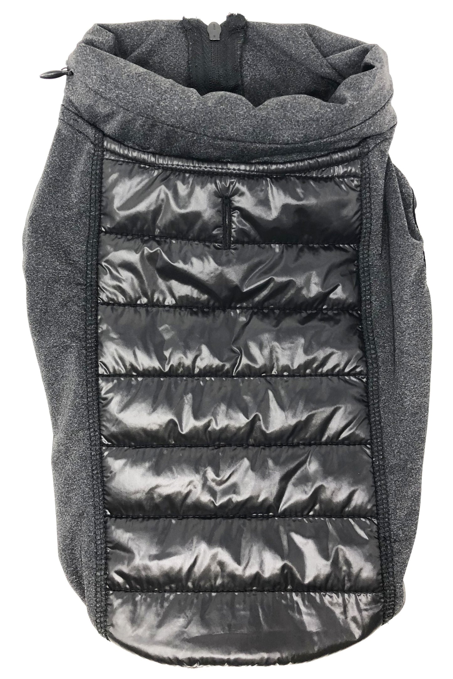 Gray puffer vest with a hood on a white background