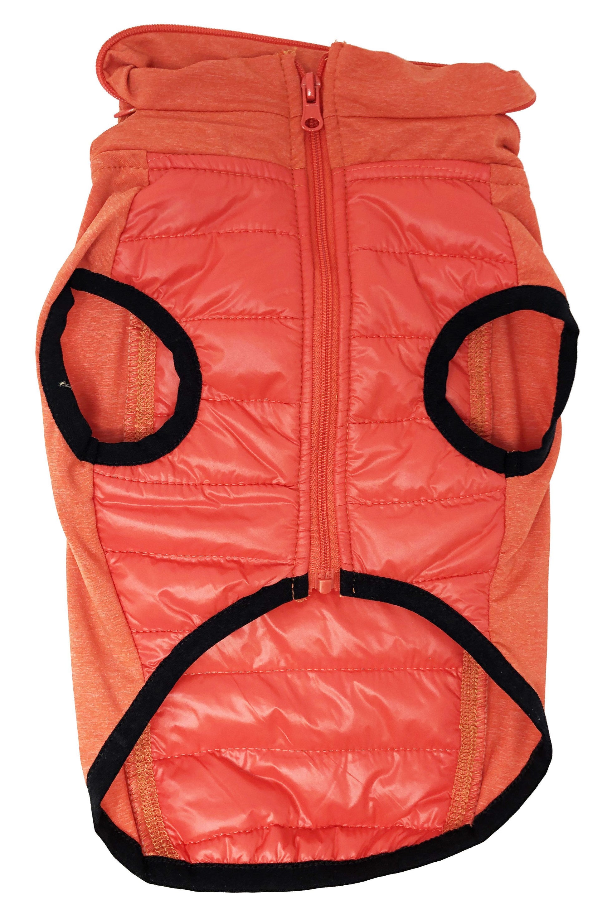 Orange puffer dog vest with black accents on a white background
