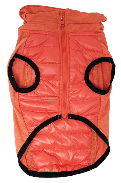 Orange puffer dog vest with black accents on a white background