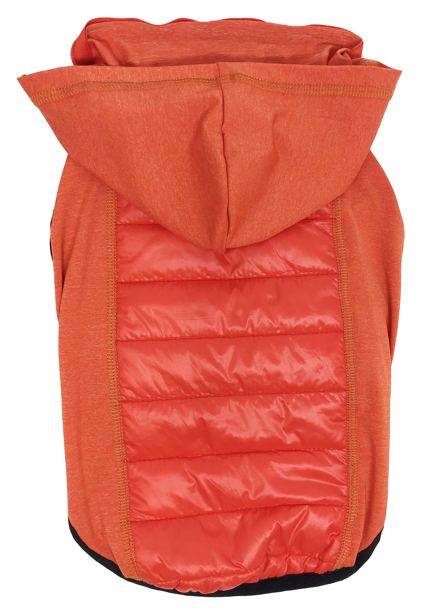 Orange puffer vest with a hood on a white background