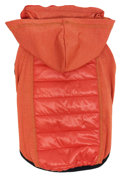Orange puffer vest with a hood on a white background