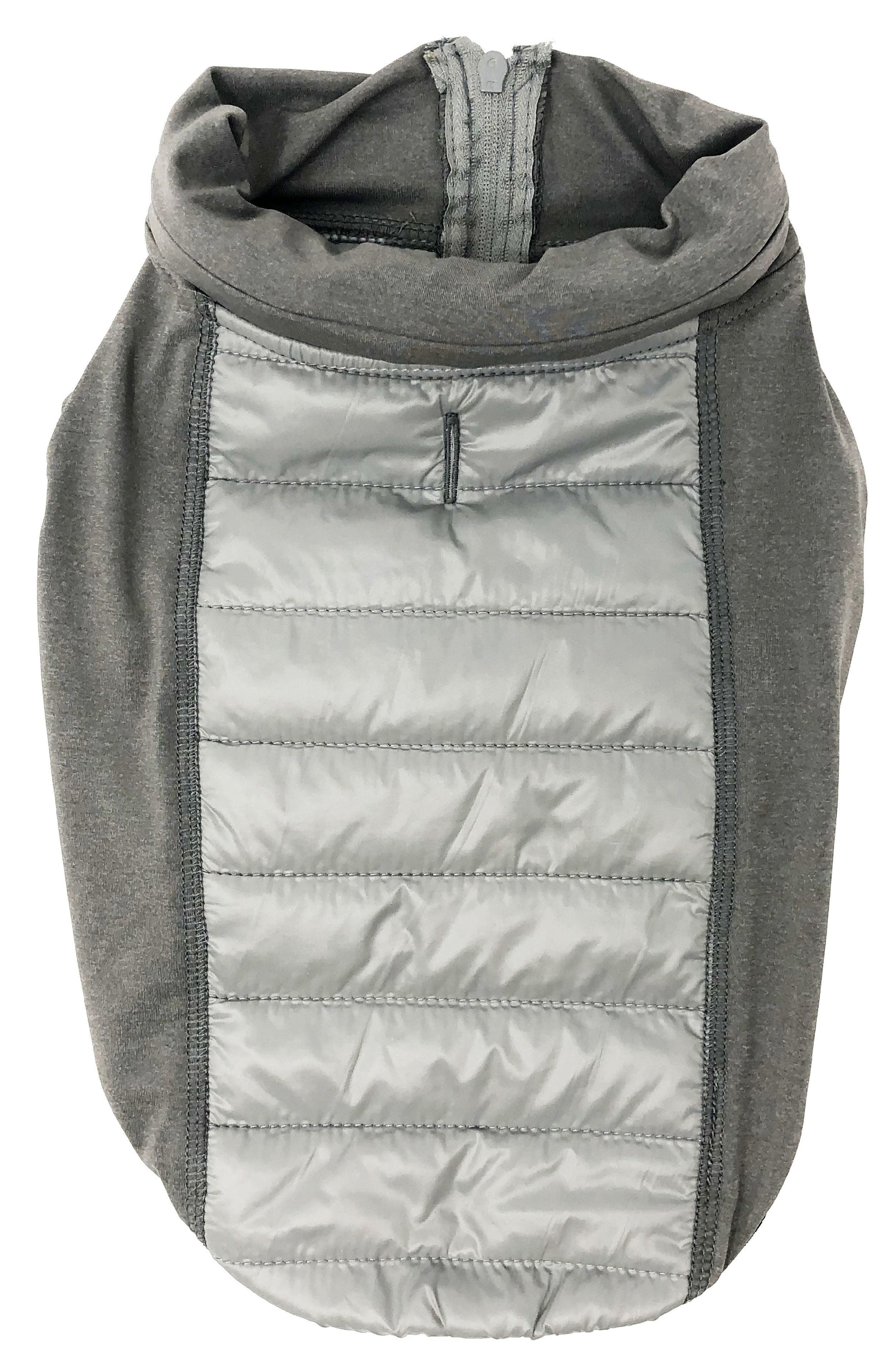 Gray quilted dog coat on a white background