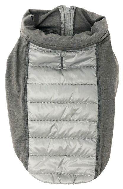 Gray quilted dog coat on a white background