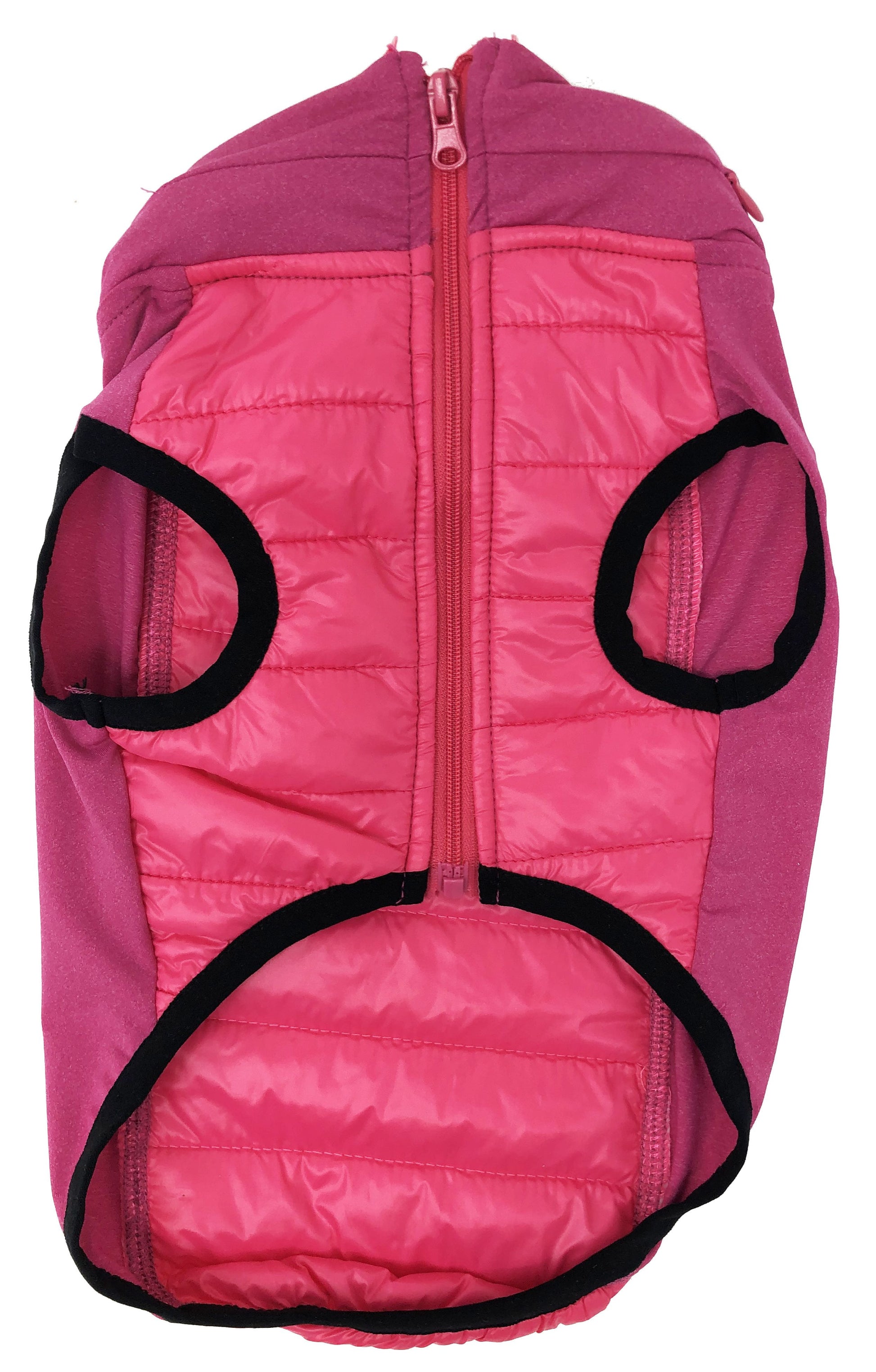 Pink dog coat with black accents on a white background