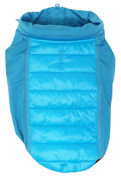 Blue puffer dog vest on a white background