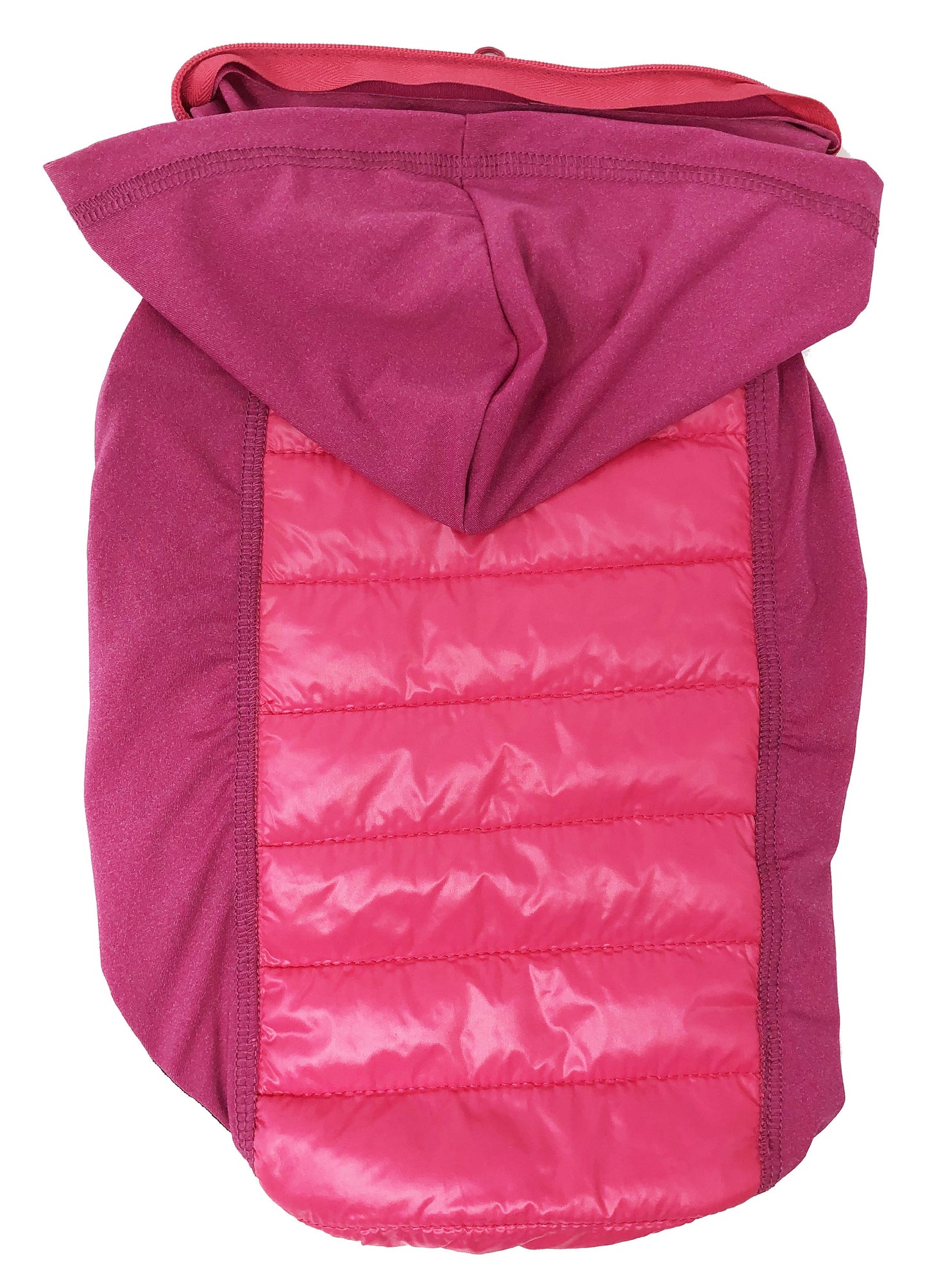 Pink puffer dog coat with hood on a white background
