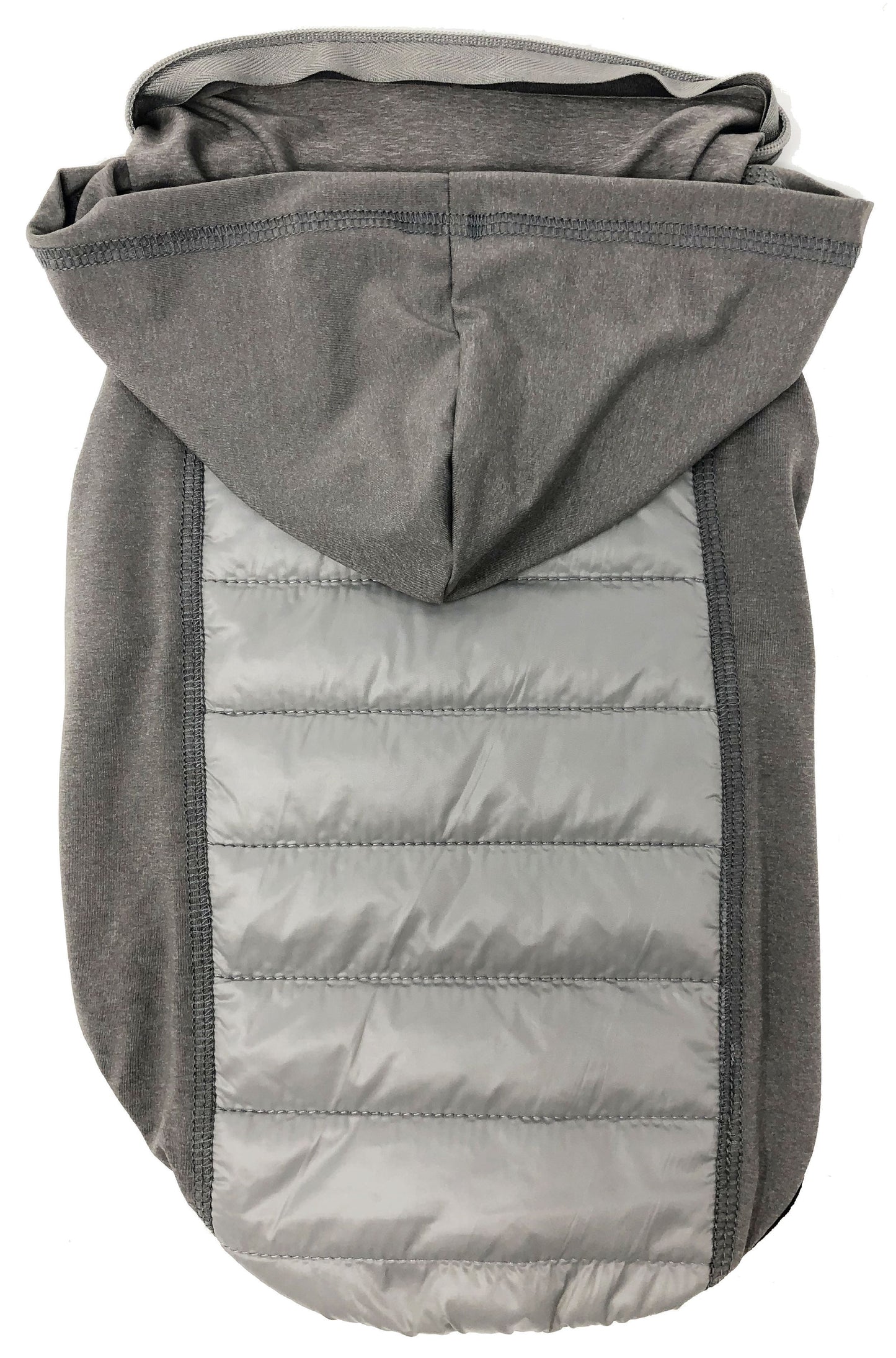 Gray puffer dog coat with hood on a white background