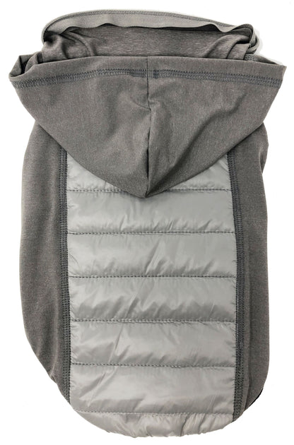 Gray puffer dog coat with hood on a white background