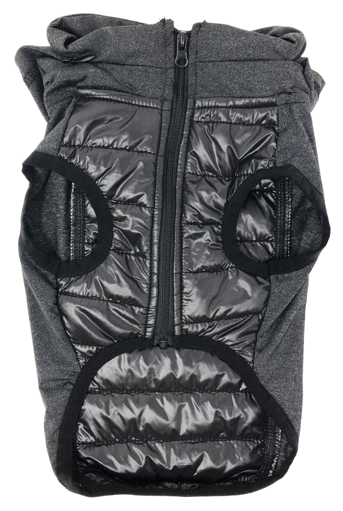 Gray puffer dog vest with black accents on a white background