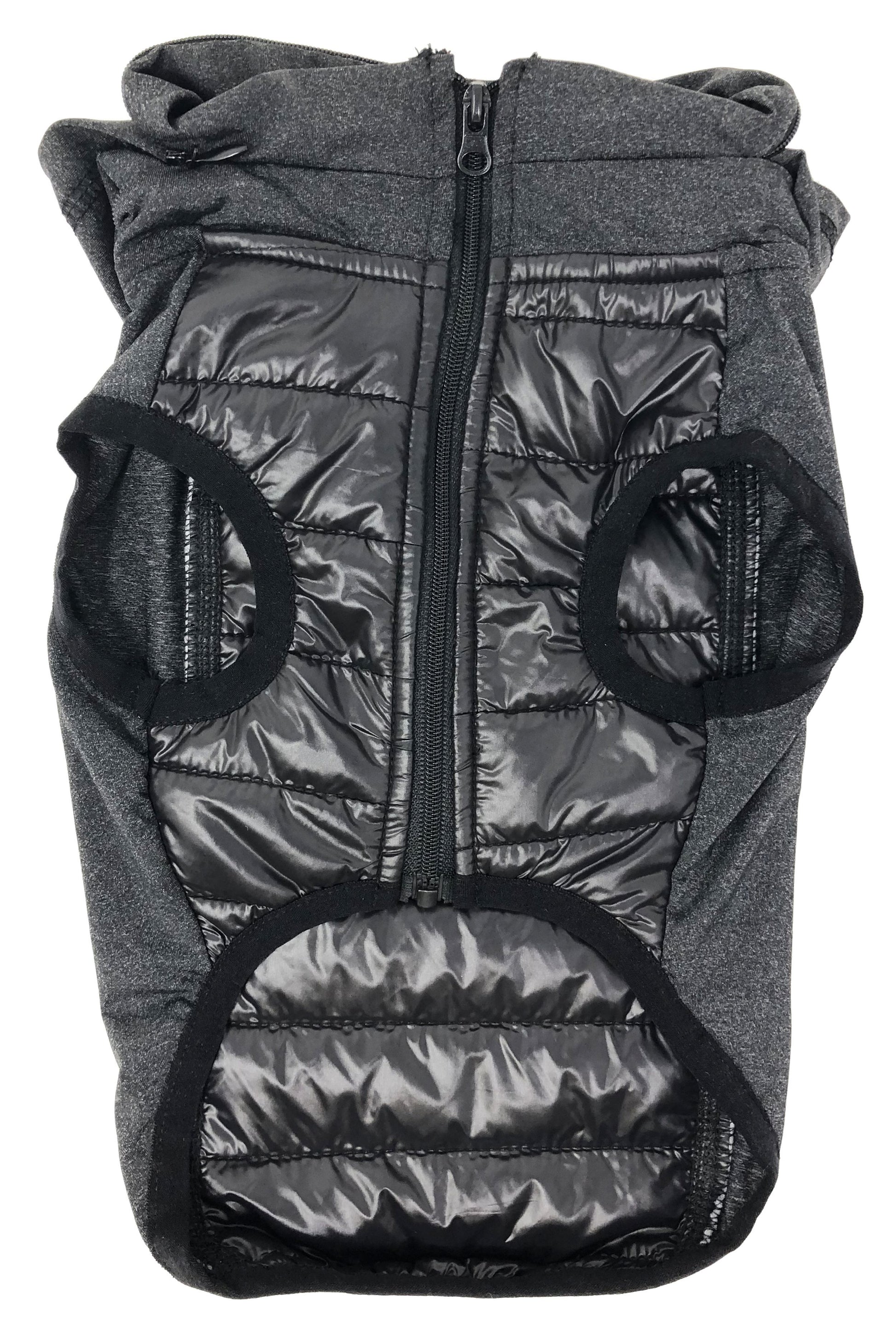 Gray puffer dog vest with black accents on a white background