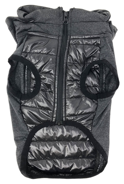 Gray puffer dog vest with black accents on a white background