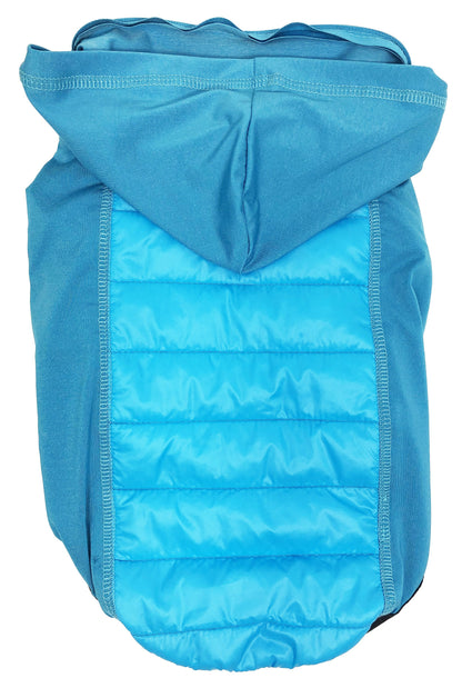 Blue puffer vest with a hood on a white background