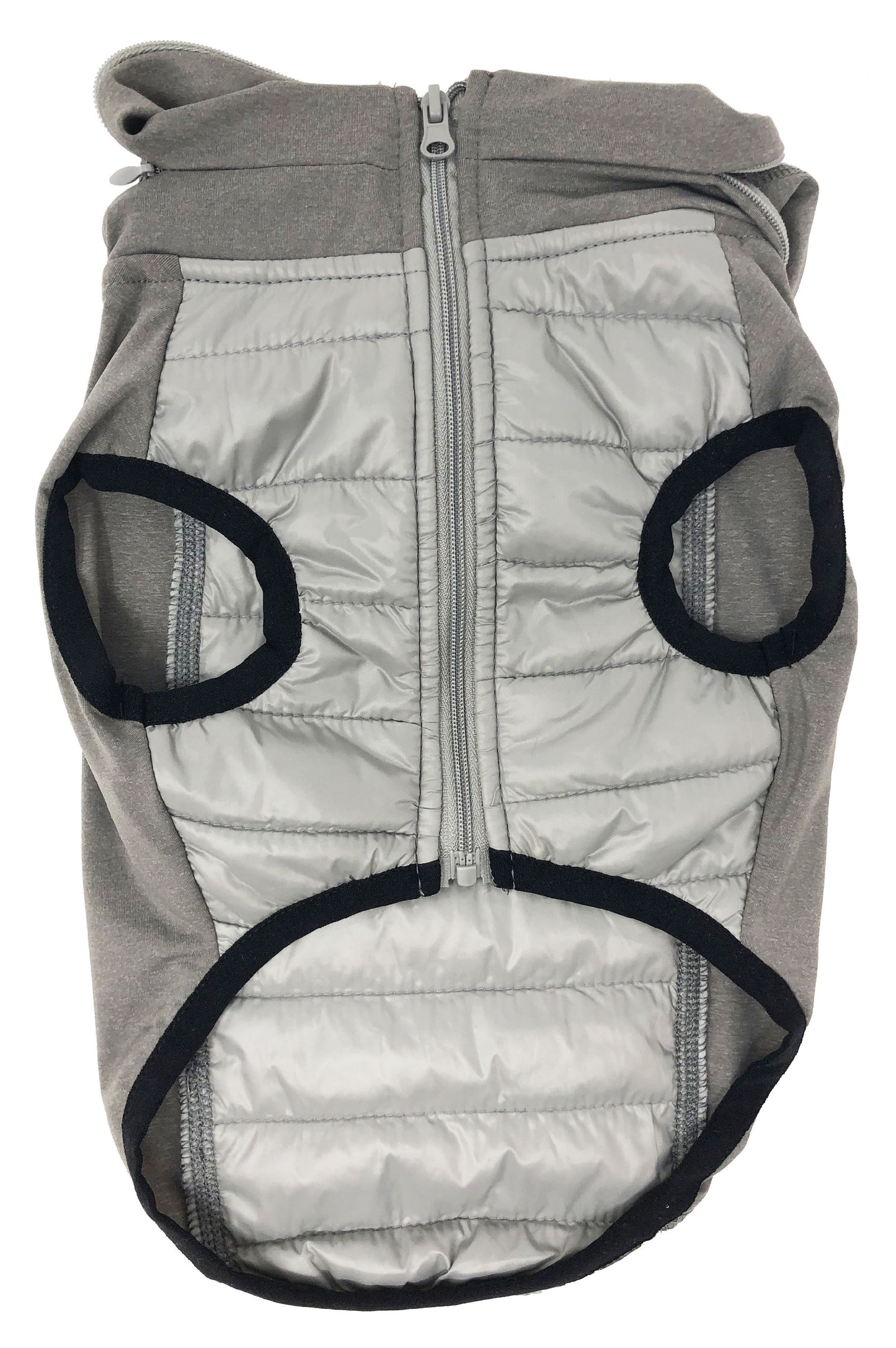 Gray puffer dog coat with black accents on a white background