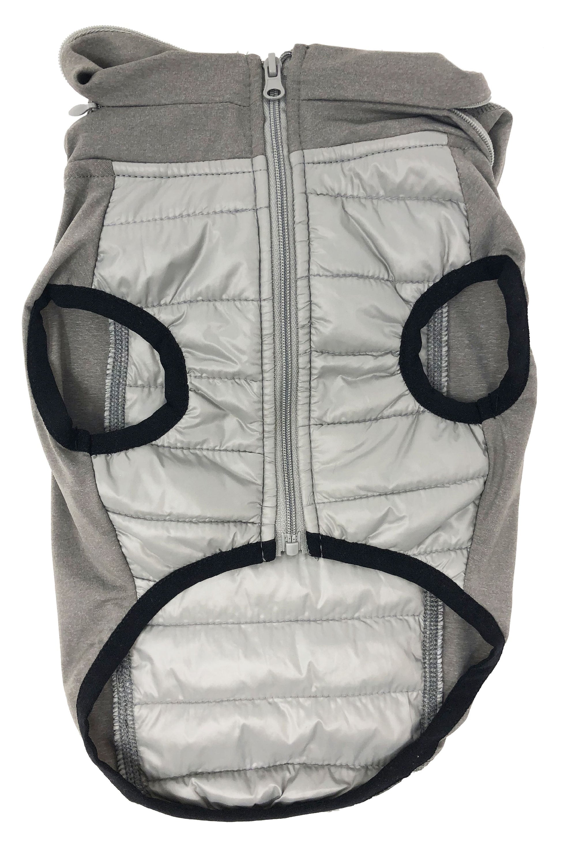 Gray puffer dog coat with black accents on a white background