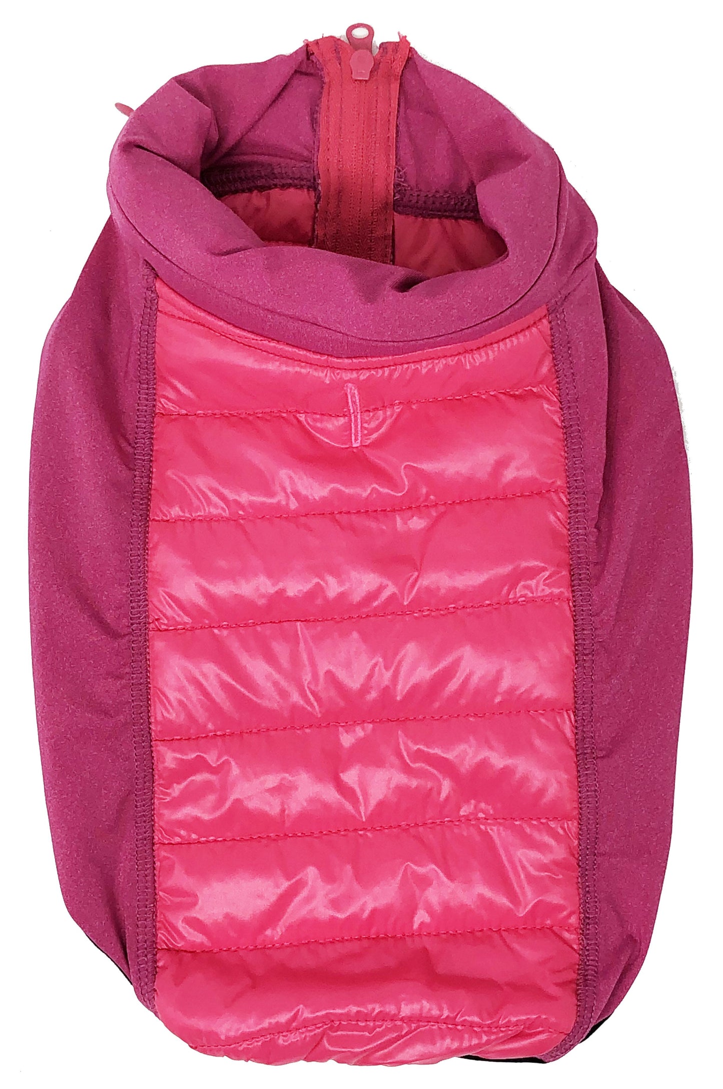Pink puffer dog coat with a hood on a white background
