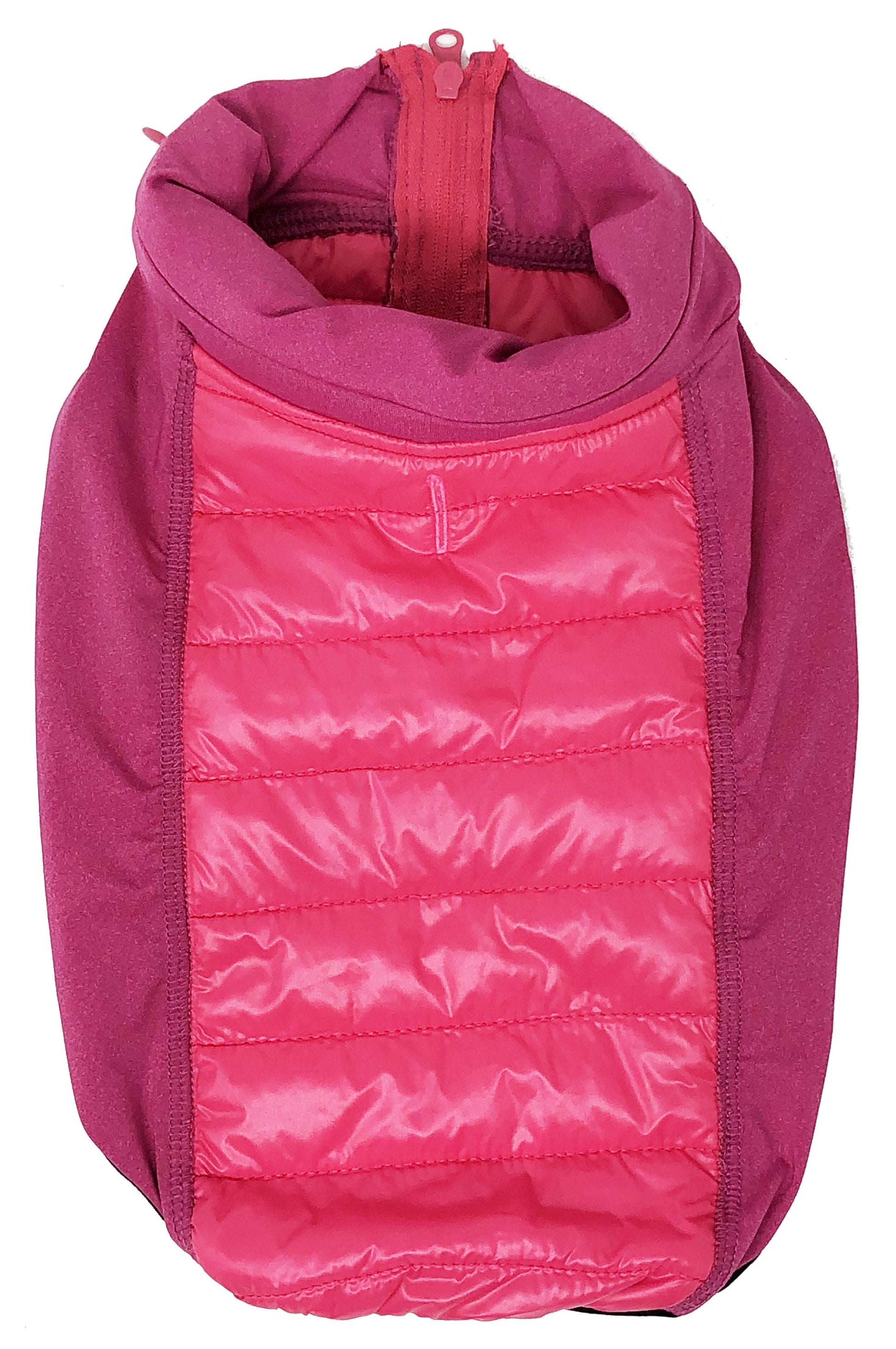 Pink puffer dog coat with a hood on a white background