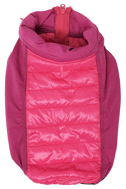 Pink puffer dog coat with a hood on a white background