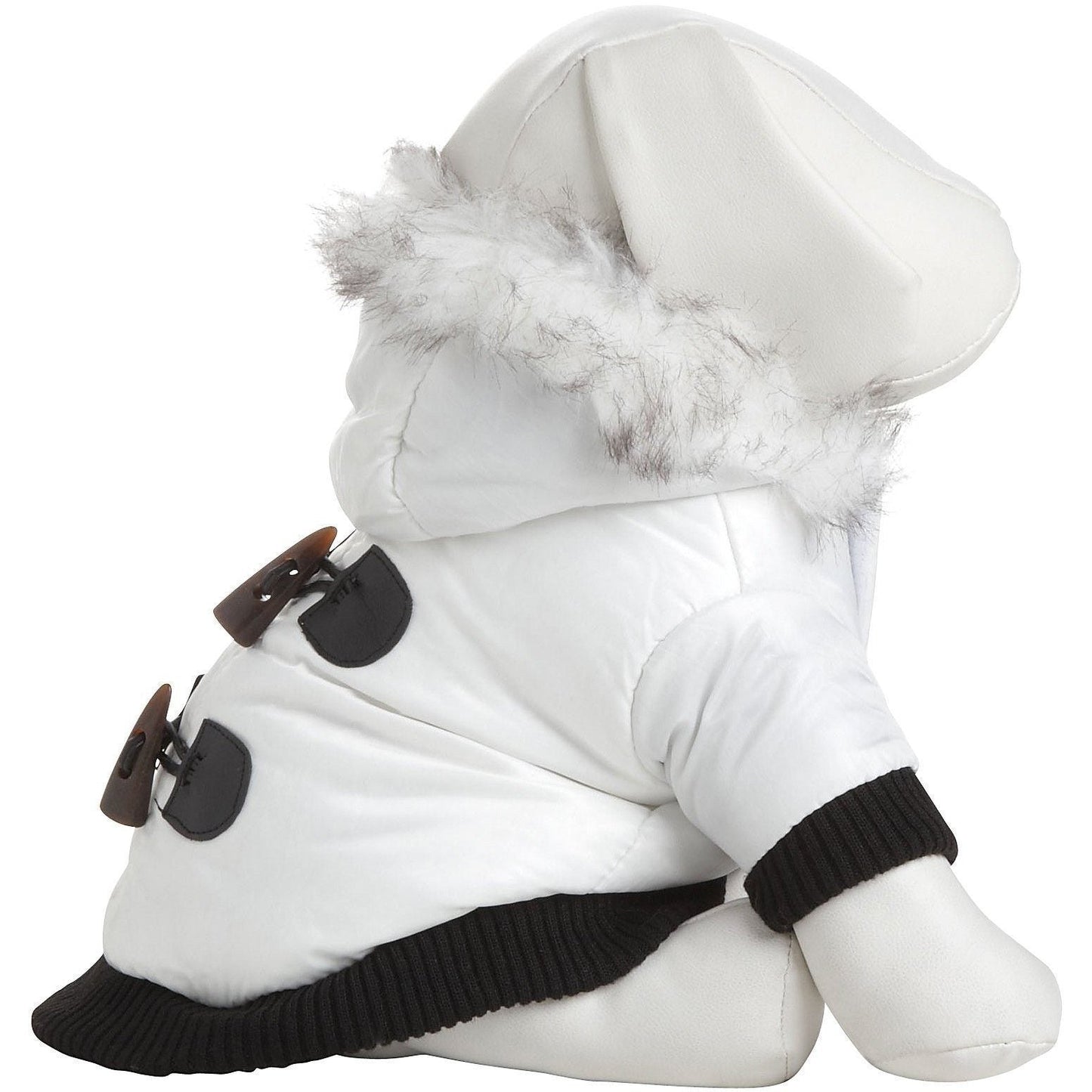 White plush gnome toy wearing a winter coat with black accents on a white background