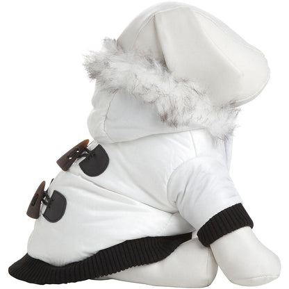 White plush gnome toy wearing a winter coat with black accents on a white background