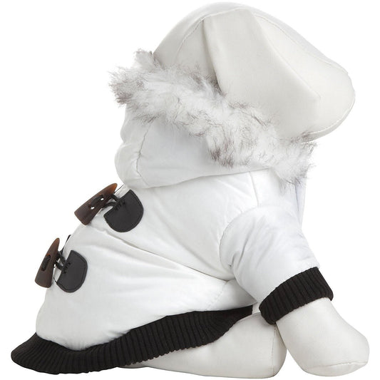 White plush gnome toy wearing a winter coat with black accents on a white background