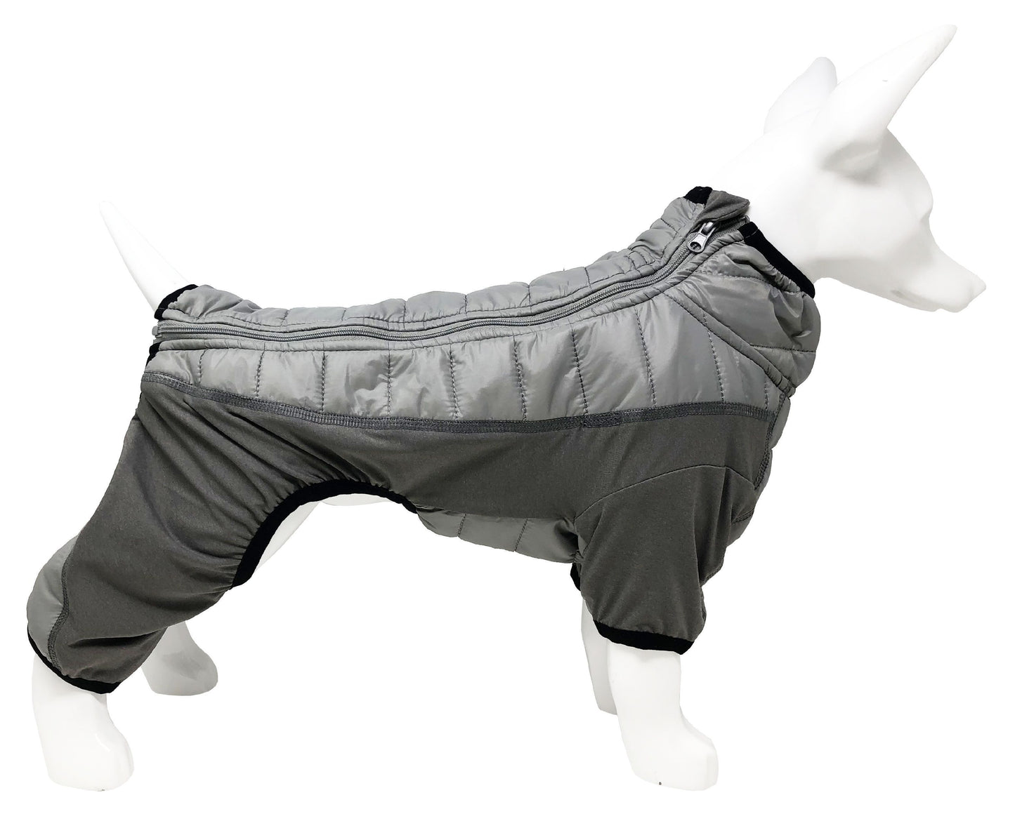 Gray dog coat on a mannequin against a white background