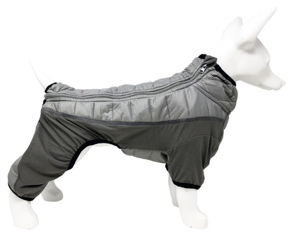 Gray dog coat on a mannequin against a white background