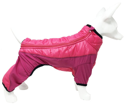 Pink dog coat on a mannequin with a white background