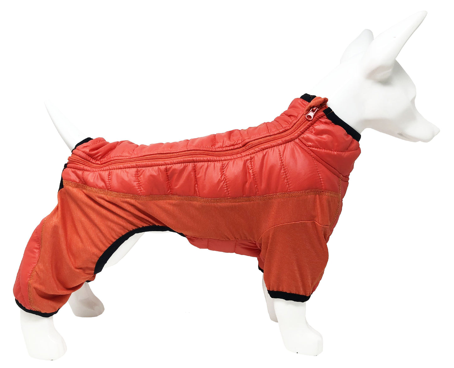 Red dog coat on a mannequin against a white background