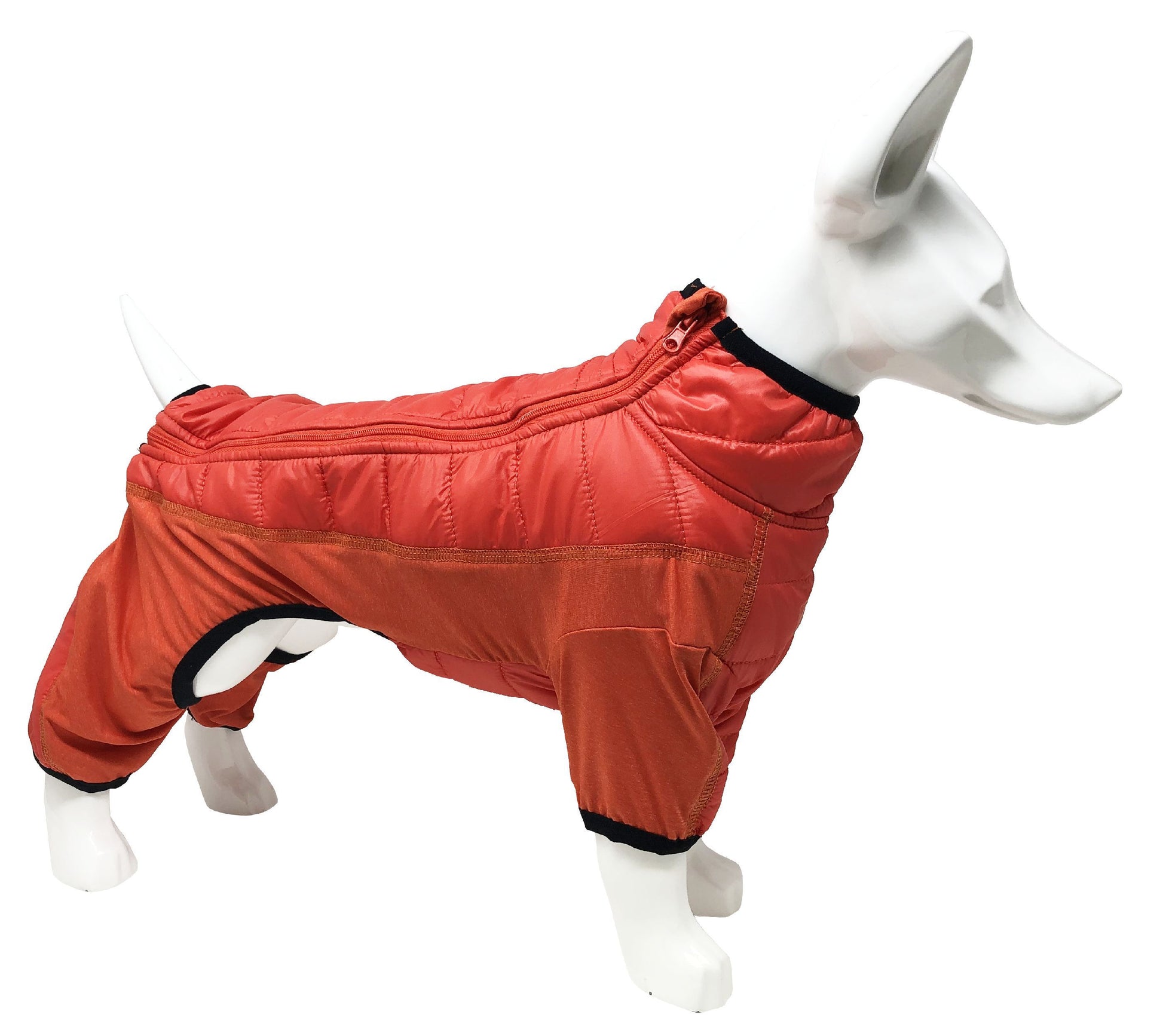 Red dog coat on a mannequin against a white background