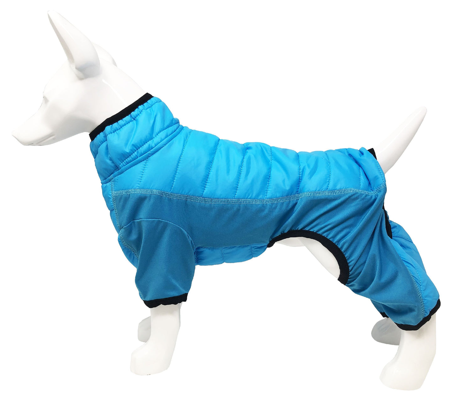 Blue dog coat on a mannequin against a white background