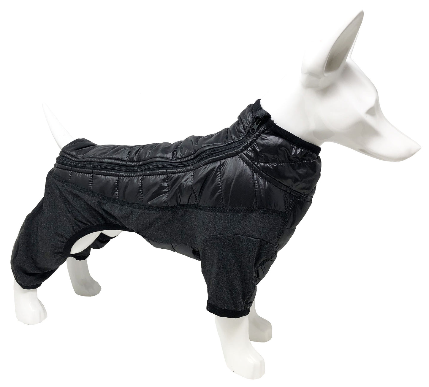 Black puffer dog coat on a mannequin against a white background