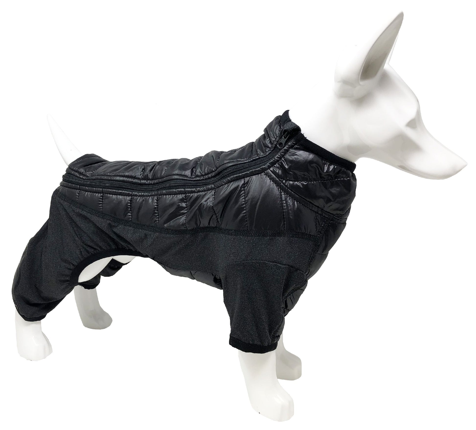 Black puffer dog coat on a mannequin against a white background