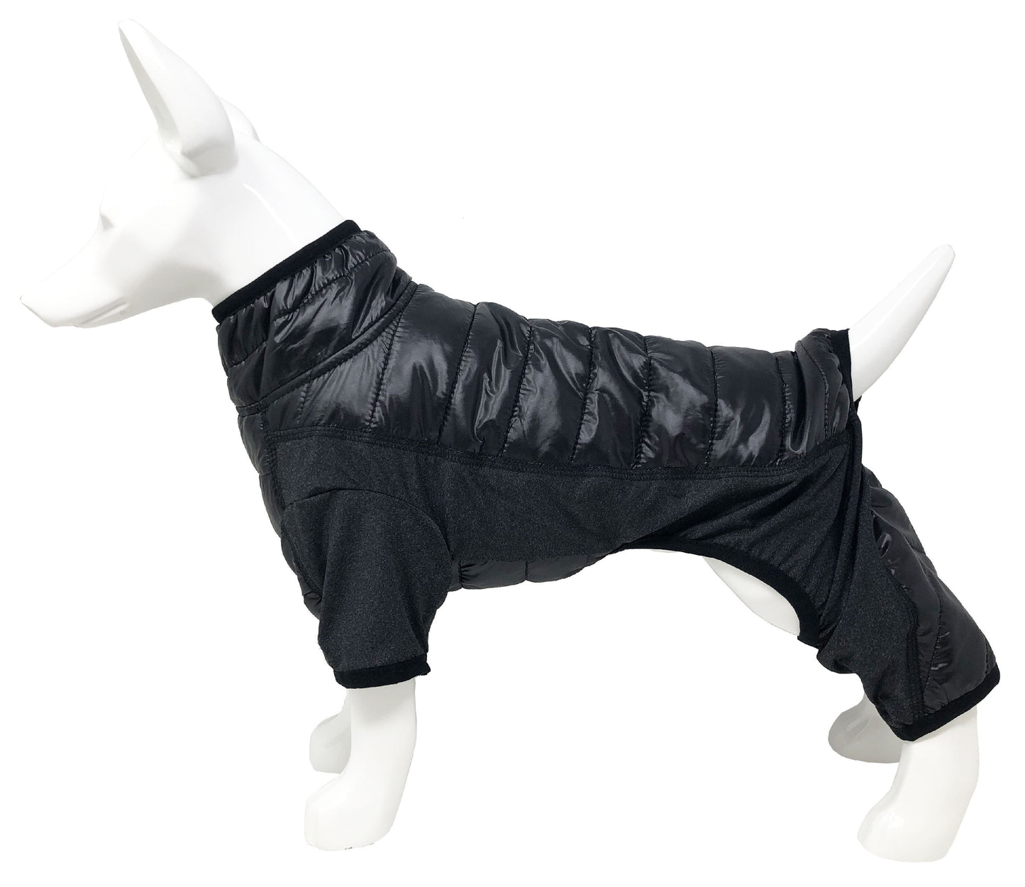Black puffer dog coat on a mannequin against a white background