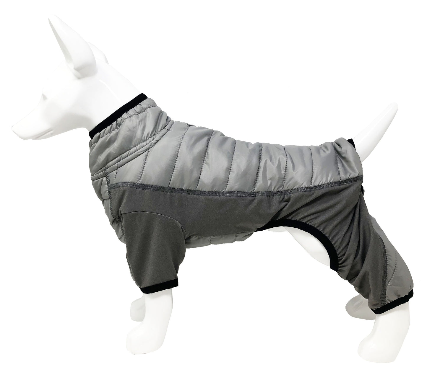 Gray and black dog puffer coat on a mannequin against a white background