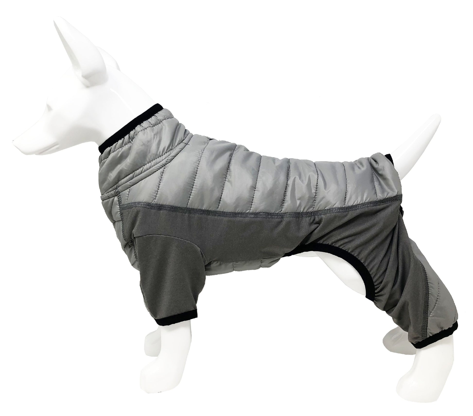 Gray and black dog puffer coat on a mannequin against a white background