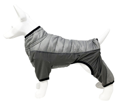 Gray and black dog puffer coat on a mannequin against a white background